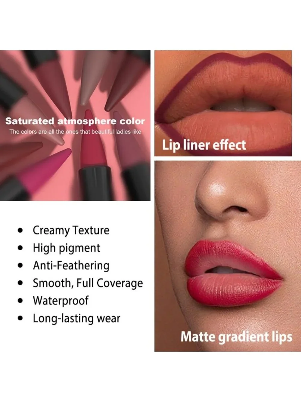 Women 1Pcs-C02 Ruby Red Shimmery Metallic Cone-Tip Glitter Lipstick & Lip Liner